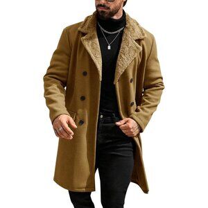 Men's Brown Trench Coat Double Breasted Notched Collar Fleece Jacket Slim